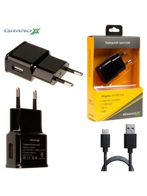 Сетевое зарядное устройство Grand-X (1xUSB 1А) Black (CH-765T) + кабель USB-C