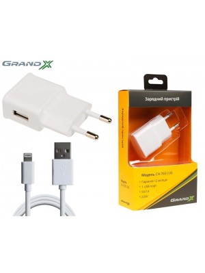 Мережевий Зарядний пристрій Grand-X (1xUSB 1A) White (CH765LTW) + кабель Lightning