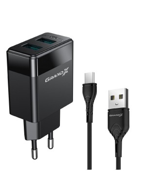 Сетевое зарядное устройство Grand-X (2xUSB 2.4А) Black (CH-50T) + кабель USB-C