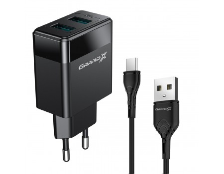 Сетевое зарядное устройство Grand-X (2xUSB 2.4А) Black (CH-50T) + кабель USB-C