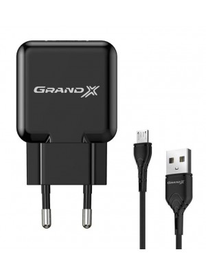 Сетевое зарядное устройство Grand-X (1xUSB 5В/2.1А) Black (CH-03UMB) + кабель microUSB