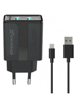 Сетевое зарядное устройство Grand-X (1хUSB 2.4A) Black (CH15LTB) + кабель Lightning