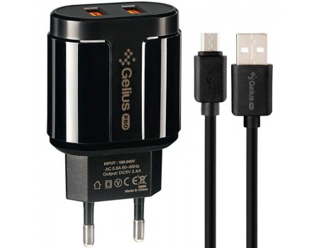 Зарядний пристрій Gelius Pro Avangard GP-HC06 2 USB 2.4 A + Cable MicroUSB Black (12 міс)