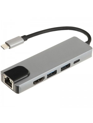 USB Hub BYL-2007 Metal 5-in-1 Type-C (Type-C PD, USB 3.0/2.0, HDMI, RJ45 Ethernet) Grey